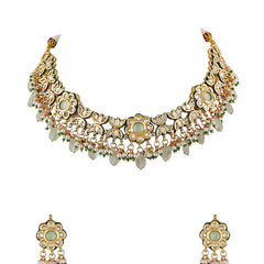 Gold Finish Green Kundan Polki Necklace Set