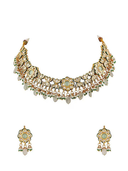Gold Finish Green Kundan Polki Necklace Set