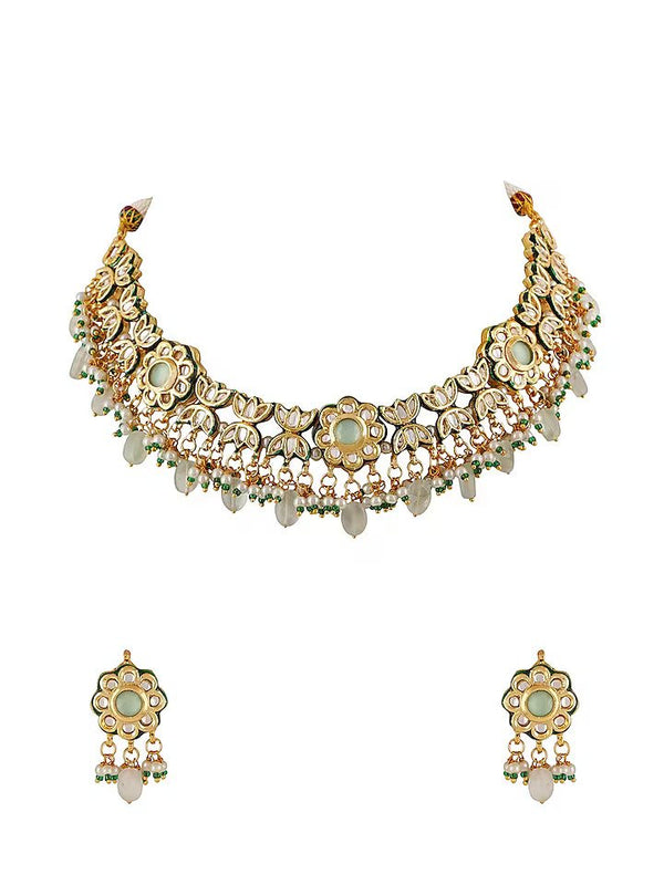Gold Finish Green Kundan Polki Necklace Set
