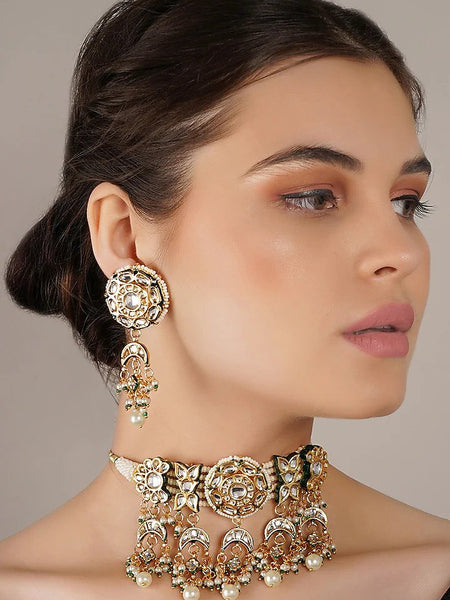 Gold Finish Kundan Polki & Pearl Choker Necklace Set