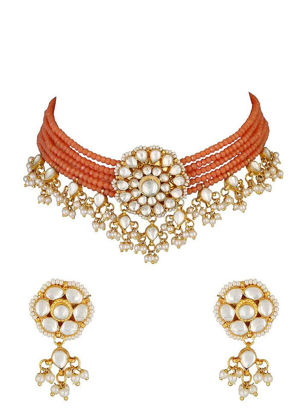 Gold Finish Beaded Kundan Choker Set
