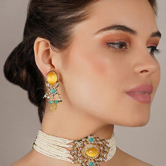 Gold Finish Kundan Polki & Yellow Onyx Choker Necklace Set