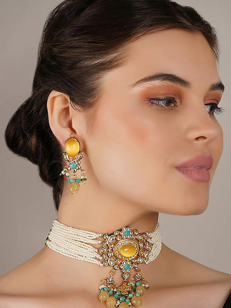 Gold Finish Kundan Polki & Yellow Onyx Choker Necklace Set