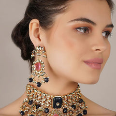Gold Finish Kundan Polki & Blue Onyx Choker Necklace Set