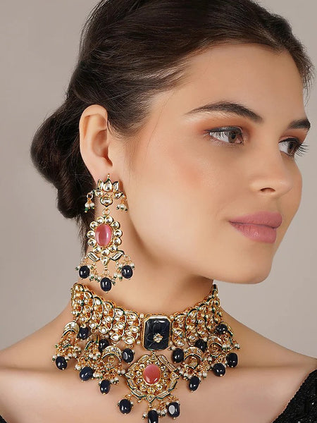 Gold Finish Kundan Polki & Blue Onyx Choker Necklace Set