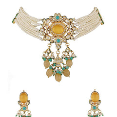 Gold Finish Kundan Polki & Yellow Onyx Choker Necklace Set