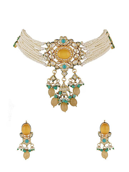 Gold Finish Kundan Polki & Yellow Onyx Choker Necklace Set