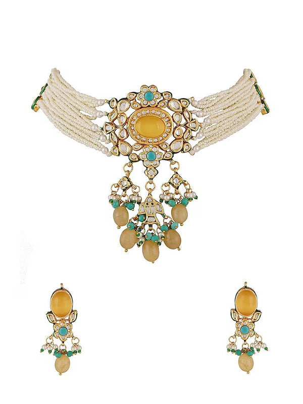 Gold Finish Kundan Polki & Yellow Onyx Choker Necklace Set