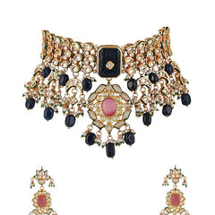 Gold Finish Kundan Polki & Blue Onyx Choker Necklace Set