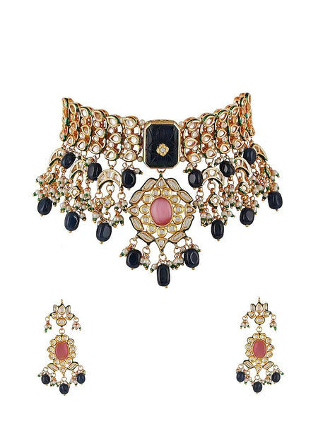 Gold Finish Kundan Polki & Blue Onyx Choker Necklace Set