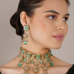 Gold Finish Kundan Polki & Turquoise Stone Choker Necklace Set