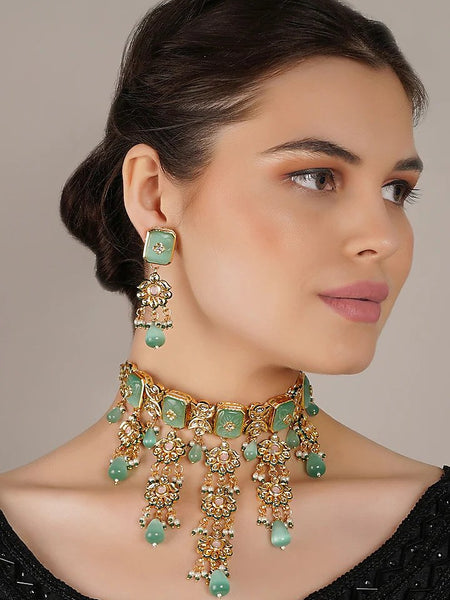Gold Finish Kundan Polki & Turquoise Stone Choker Necklace Set