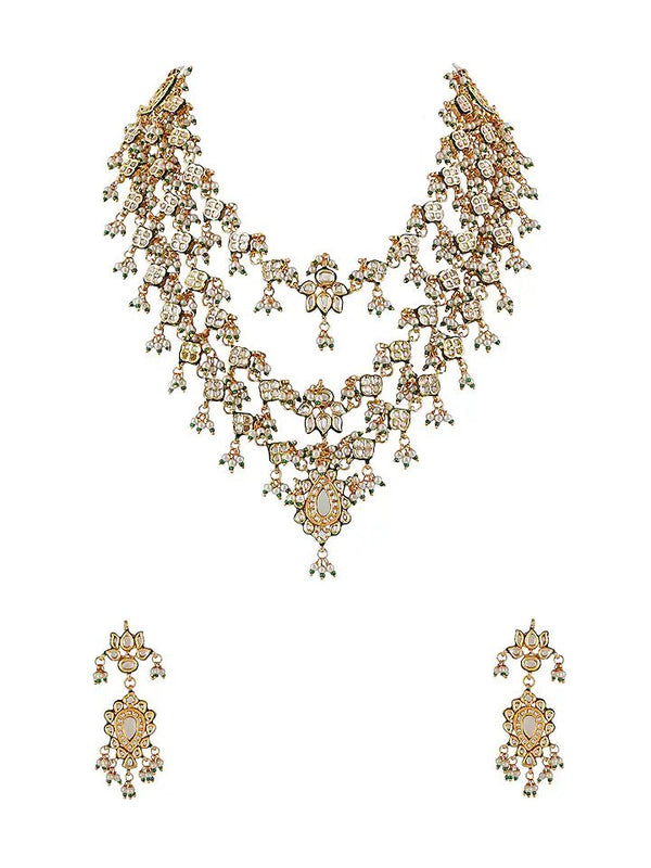 Gold Finish Kundan Polki & Pearl Long Necklace Set
