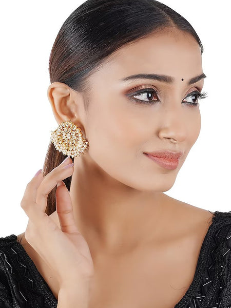 Gold Finish Kundan & Pearl Stud Earrings