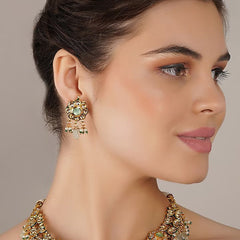 Gold Finish Green Kundan Polki Necklace Set