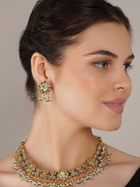 Gold Finish Green Kundan Polki Necklace Set