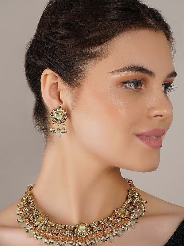 Gold Finish Green Kundan Polki Necklace Set