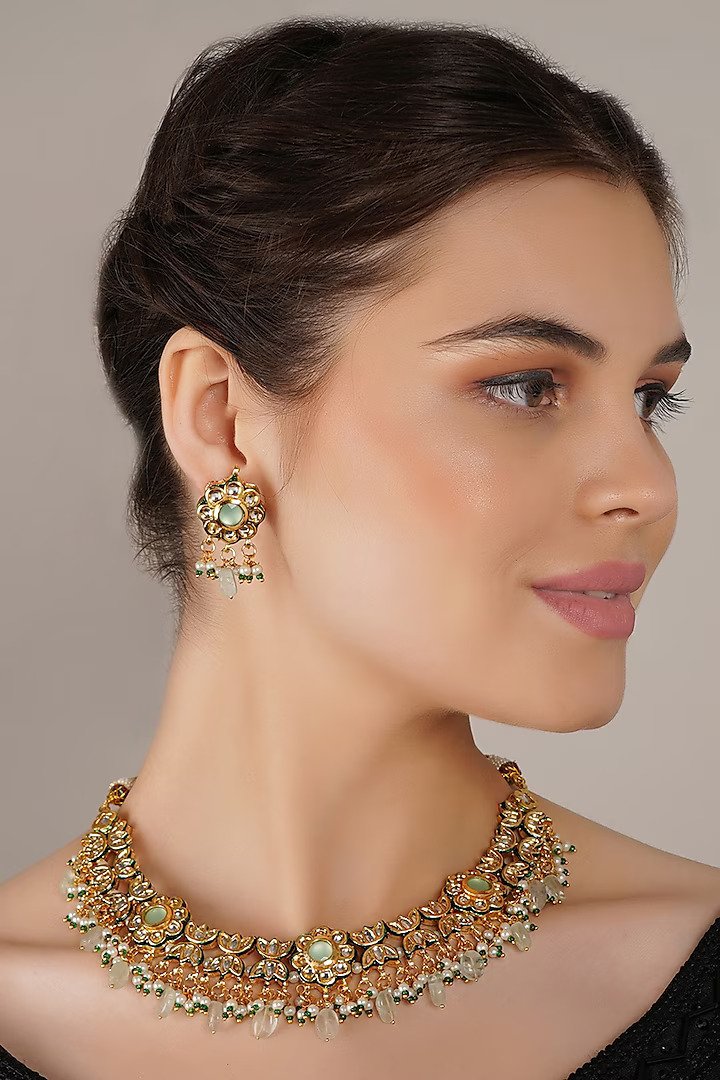 Gold Finish Green Kundan Polki Necklace Set