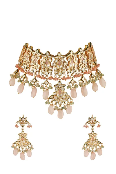 Gold Finish Choker Necklace Set With Kundan Polki