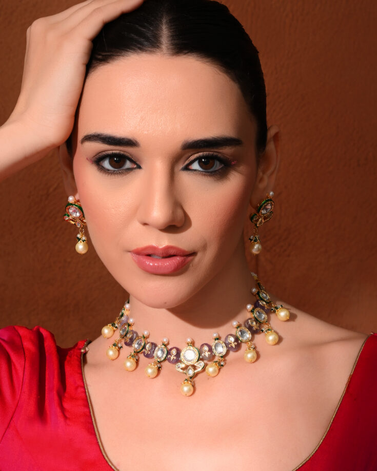 Purple Kundan Polki Ethnic Necklace Set