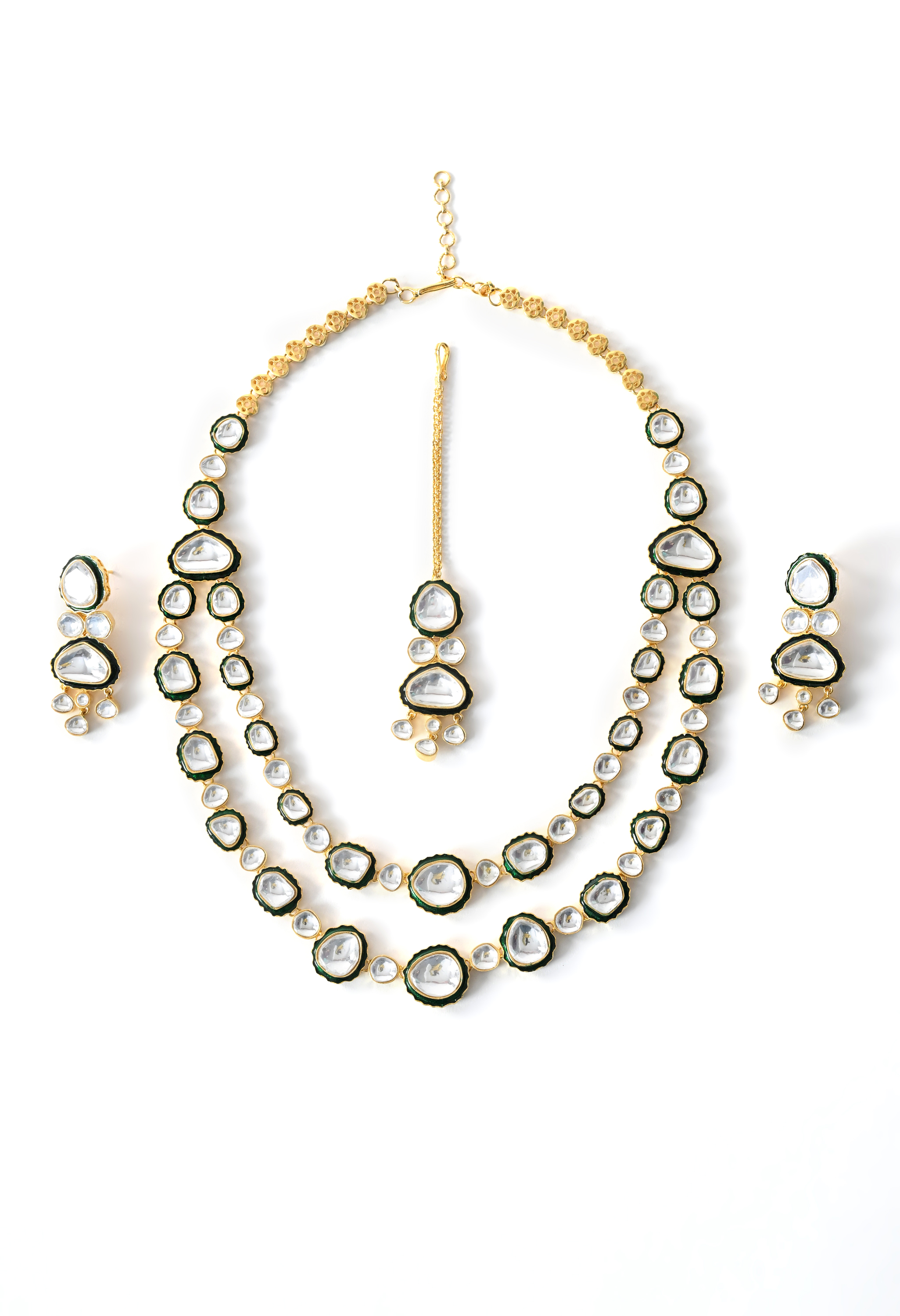 Green Long Bridal Necklace Set with Mangtika